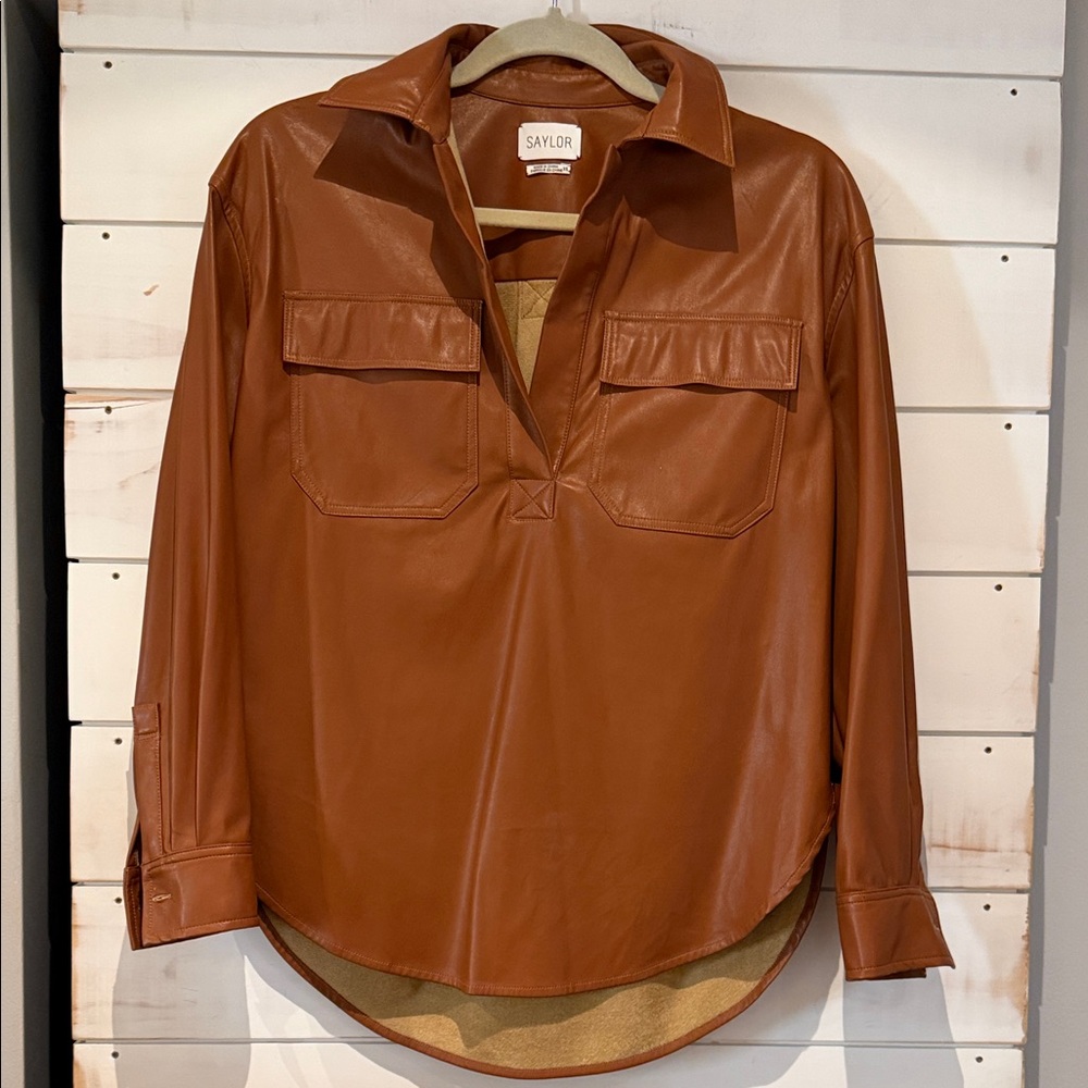 SAYLOR Cognac Faux Leather Pullover Shirt, size XS. Excellent condition.